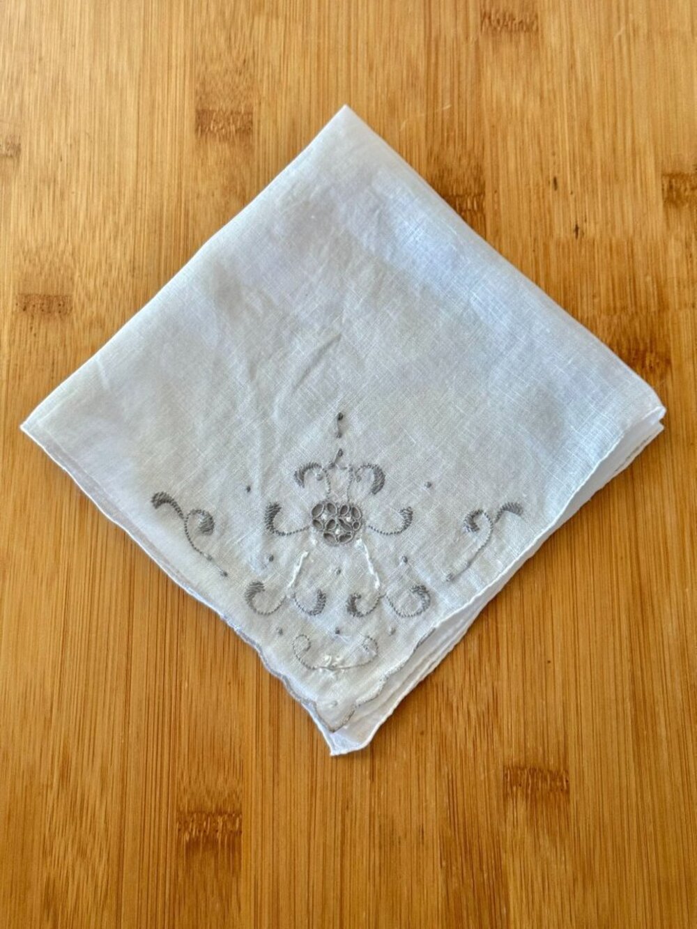 Vintage 1960s Cotton Handkerchief In White With Gray Embroidery Details / VTG